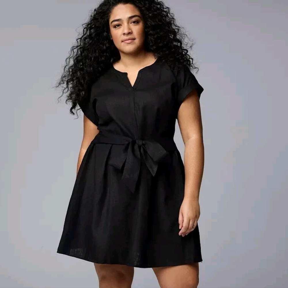 Simply Vera Wang Tie Front Dress 2X Black Linen Blend